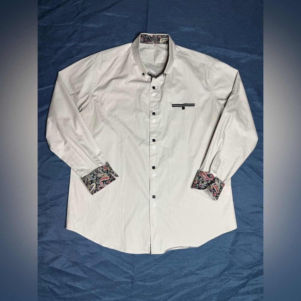COOFANDY Men's Long Sleeve Button Down Gray Shirt Paisley Cuffs Large